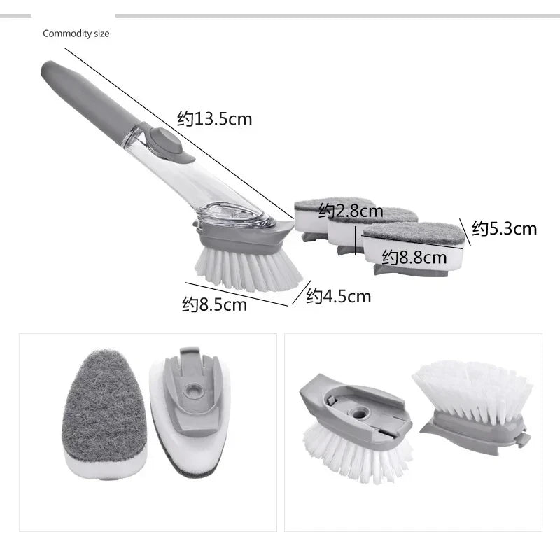2-in-1 Kitchen Cleaning Brush with Long Handle and Removable Sponge Dispenser, Dish Washing Tool for Efficient Kitchen Hygiene