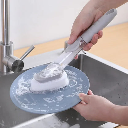 2-in-1 Kitchen Cleaning Brush with Long Handle and Removable Sponge Dispenser, Dish Washing Tool for Efficient Kitchen Hygiene