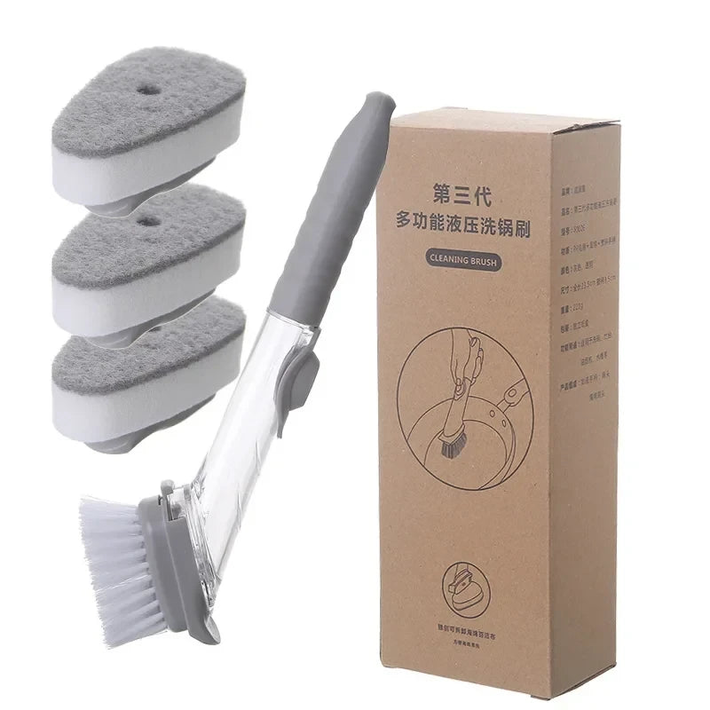 2-in-1 Kitchen Cleaning Brush with Long Handle and Removable Sponge Dispenser, Dish Washing Tool for Efficient Kitchen Hygiene