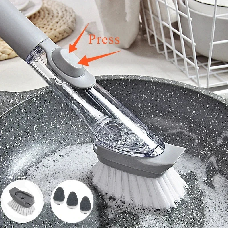 2-in-1 Kitchen Cleaning Brush with Long Handle and Removable Sponge Dispenser, Dish Washing Tool for Efficient Kitchen Hygiene