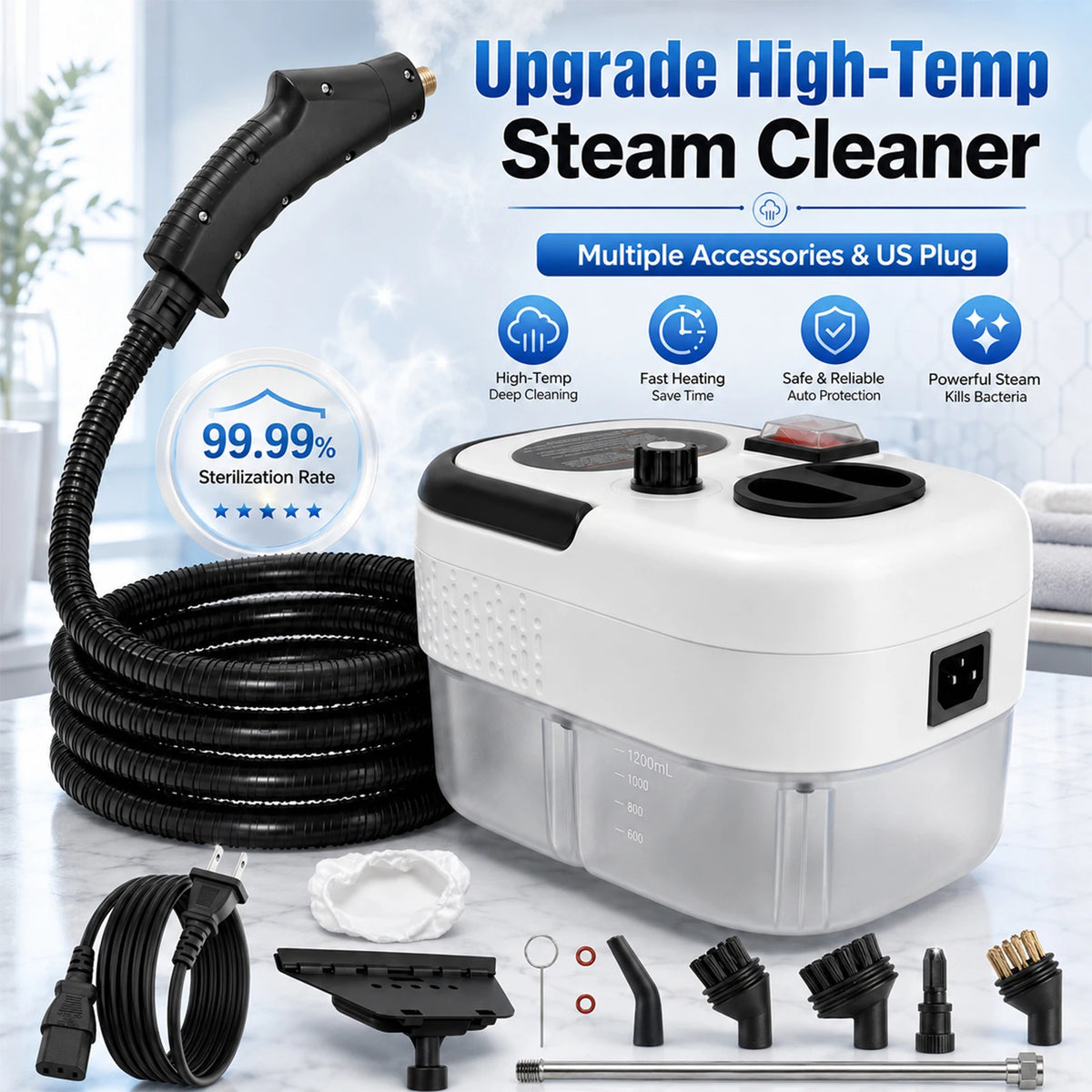 2500W Portable Handheld Steam Cleaner with Accessories – High-Temperature, 110V US Plug