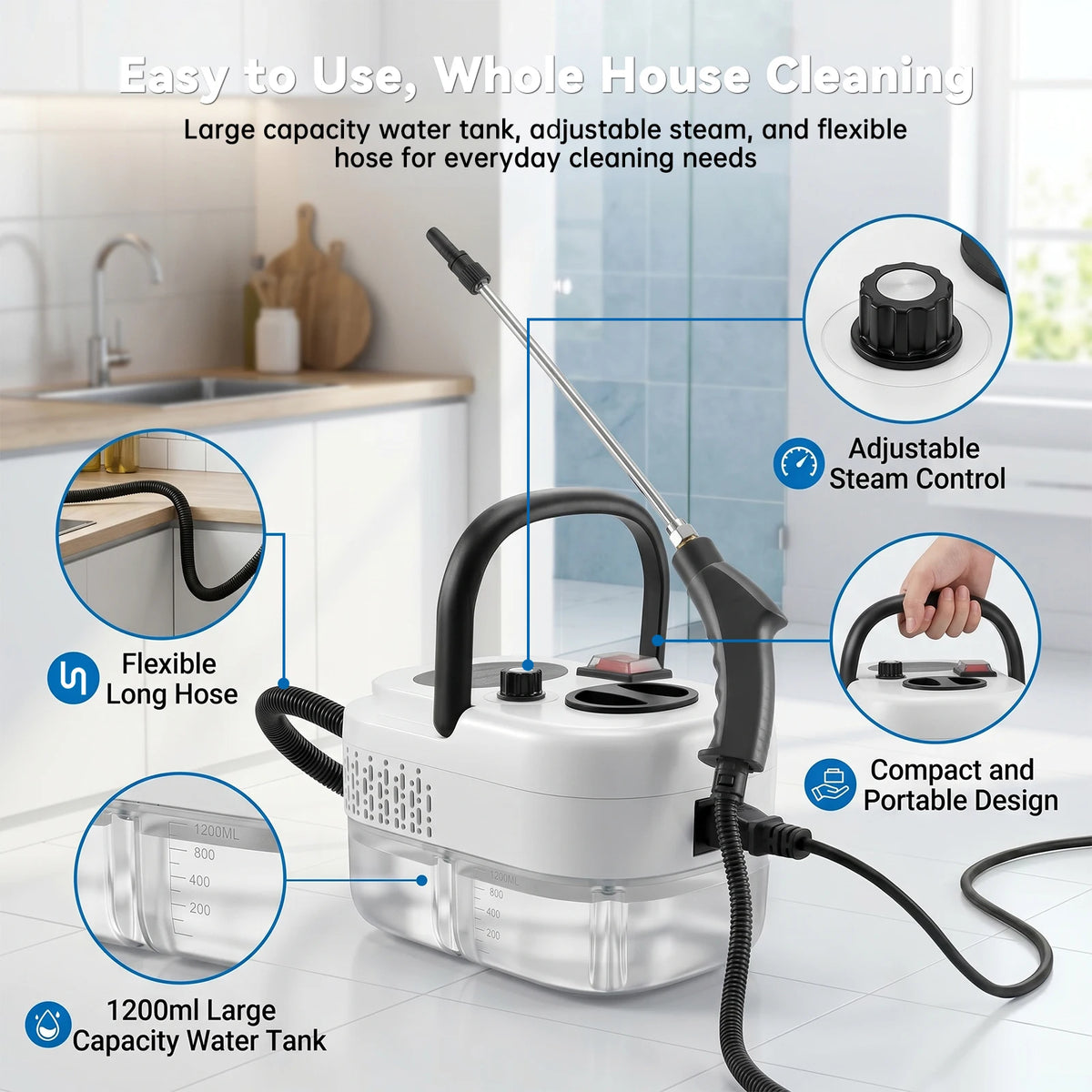 2500W Portable Handheld Steam Cleaner with Accessories – High-Temperature, 110V US Plug